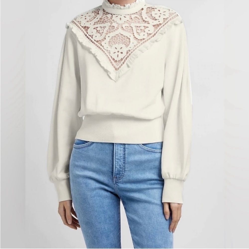 Express Lace Front‎ Ruffle Trim Sweatshirt Sweater Ivory Large Victorian Cottage